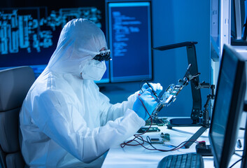 Microelectronics engineer works in a modern scientific laboratory on computing systems and...