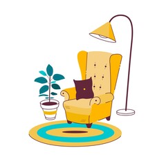 Vector illustration of a cozy place to read. English style armchair with a pillow, floor lamp, plant and round rug. The interior in flat style.