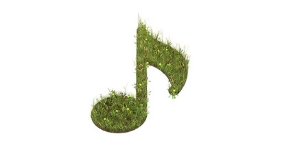 3d rendered grass field of symbol of musical note isolated on white background