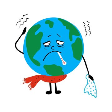 Vector illustration of the sick Earth with the thermometer having a fever. Sketch style illustration. Cartoon doodle design.