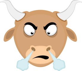 Vector emoticon illustration of a bull's head with an angry expression and fuming from his nose