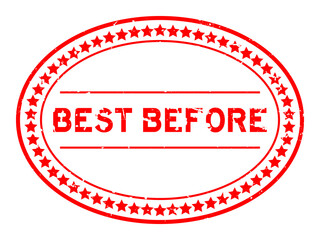 Grunge red best before word oval rubber seal stamp on white background