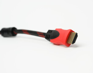 cable in a textile black sheath on a white background, hdmi adapter