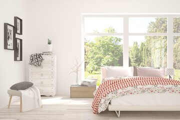 Stylish bedroom in white color with summer landscape in window. Scandinavian interior design. 3D illustration