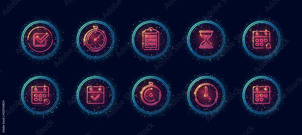 Poster 10 in 1 vector icons set related to time management theme. lineart vector icons in geometric neon gl