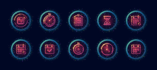 Fototapeta na wymiar 10 in 1 vector icons set related to time management theme. Lineart vector icons in geometric neon glow style