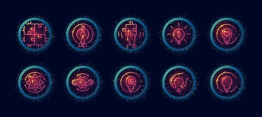 Obraz na płótnie Canvas 10 in 1 vector icons set related to creative development theme. Lineart vector icons in geometric neon glow style
