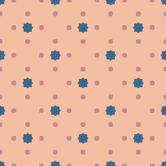 Vector seamless pattern with small stars, diamond shapes, tiny floral silhouettes, dots. Abstract minimal geometric texture. Peach, pink and blue color. Simple minimalist background. Repeating design