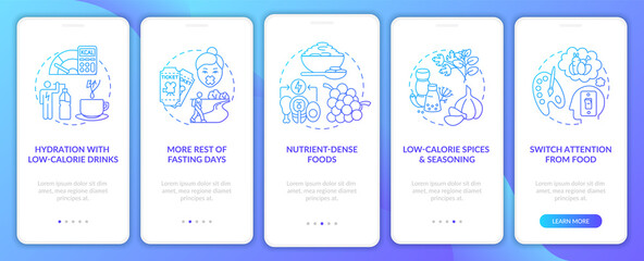 Intermittent fasting tips blue onboarding mobile app page screen with concepts. Nutrient dense food. Diet walkthrough 5 steps graphic instructions. UI vector template with RGB color illustrations