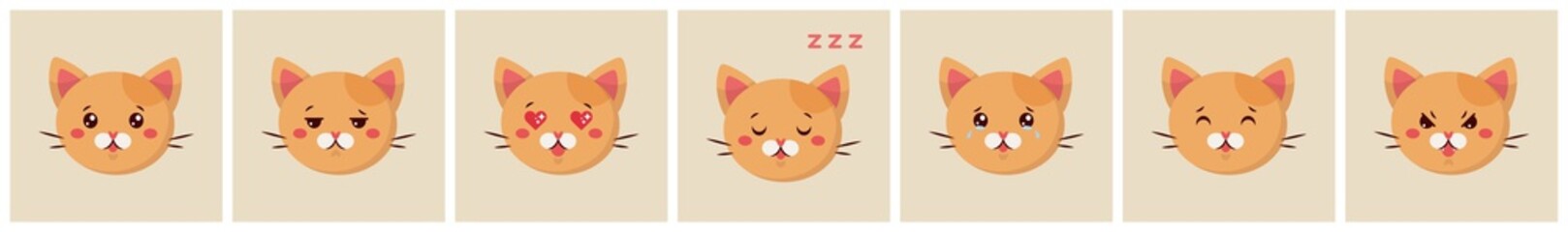 Set of emoji ginger cats on light backgound. Emotion face of calm, scepsis, love, sleep,cry, confusion, angry. Vector illustration in kawaii flat style for web and print. © Олеся Горячева