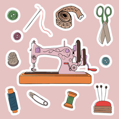 Needlework concept. Various sewing tools. Needles, scissors,sewing machine, buttons, spools, threads etc. Hand drawn colored vector  set with stickers. All elements are isolated