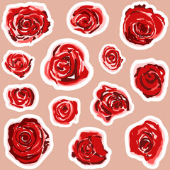 Cute stickers with red roses. Vector illustration  for holidays and congratulations