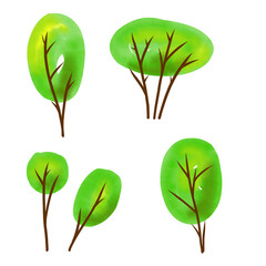 Set of five elements. Green trees isolated on a white background. Digital illustration. Watercolor effect