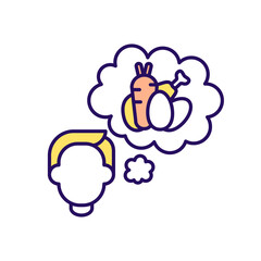 Thinking of food RGB color icon. Hungry person. Thought of eating. Dieting issues. Intermittent fasting. Unhealthy habit. Spontaneous meal. Vegetables to eat. Isolated vector illustration