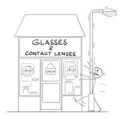 Poorly Seeing Man Hit the Streetlight in Front of Glasses and Contact Lenses Shop. Humor in Vector Cartoon Stick Figure Illustration