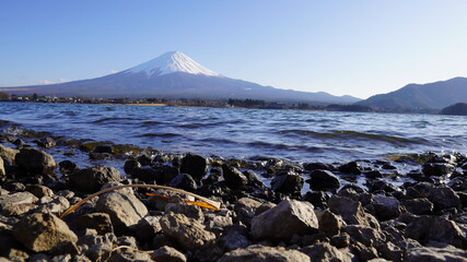 Mt. Fuji over the lake with pebbles