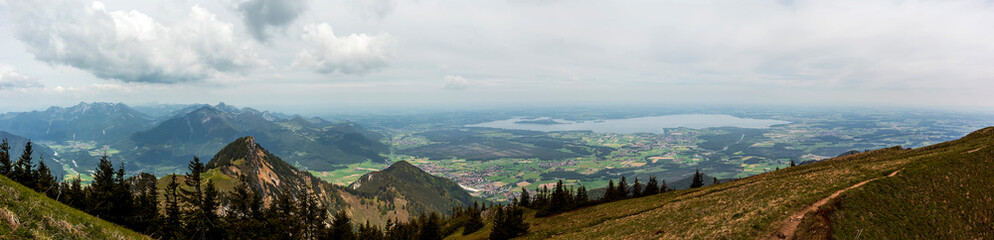 Fototapeta premium Panorama view from mountain Hochgern with lake Chiemsee in Bavaria, Germany