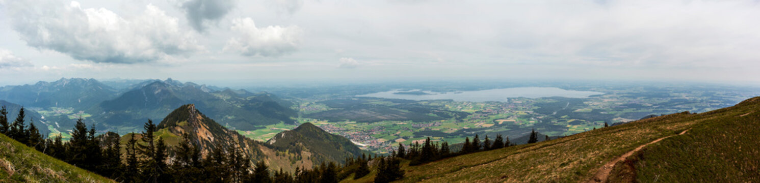 Panorama view from mountain Hochgern with lake Chiemsee in Bavaria, Germany