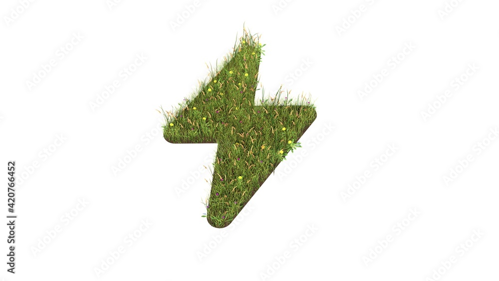 Poster 3d rendered grass field of symbol of flash camera isolated on white background