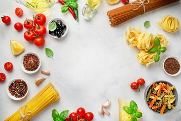 Italian pasta recipe, raw ingredients. Top view