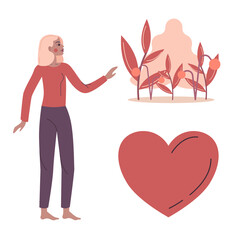 The concept of mental health. A happy woman with a heart and flowers. A girl without psychological problems. Vector illustration in a flat linear style