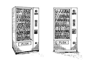 Fototapeta na wymiar Vending machine set with beverage bottles and cans hand drawn sketch. Automatic snack and drink sale machinery isometric and front view. Black and white vector isolated illustration
