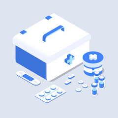 3d set of medical elements. First aid kit, tablets, ampoules with medicine, patch, packaging of tablets.Vector illustration in modern isometric style. Isolated on grey background 