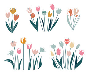 Tulips set. Flowers in a flat style. Vector isolated on white background. Easter, thanksgiving. Spring, hand drawn elements. © nadia1992