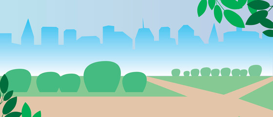 Copy space template with park, flat vector illustration with nature no people sky, trees, lawn with copy space for overlay
