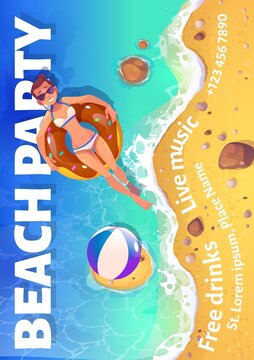 Beach party cartoon flyer with woman in ocean