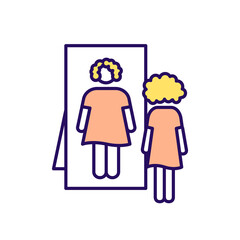 Eating disorder RGB color icon. Woman with anorexia. Girl looking in mirror reflection. Mental health problem. Distorted appearance. Teenager with bulimia. Isolated vector illustration
