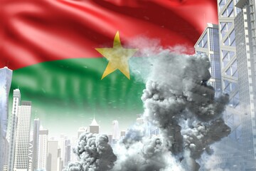 large smoke column in abstract city - concept of industrial catastrophe or terrorist act on Burkina Faso flag background, industrial 3D illustration