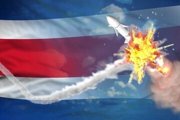 Costa Rica intercepted nuclear missile, modern antirocket destroys enemy missile concept, military industrial 3D illustration with flag
