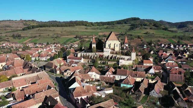Biertan, Romania. Aerial view of the saxon village with the fortified church, Transylvania.