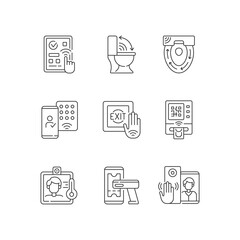 Contactless technology linear icons set. Smart home devices with interaction through device. Customizable thin line contour symbols. Isolated vector outline illustrations. Editable stroke