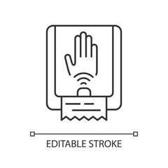 Touchless towel dispenser linear icon. Automatic device with motion sensor which dispense towel. Thin line customizable illustration. Contour symbol. Vector isolated outline drawing. Editable stroke
