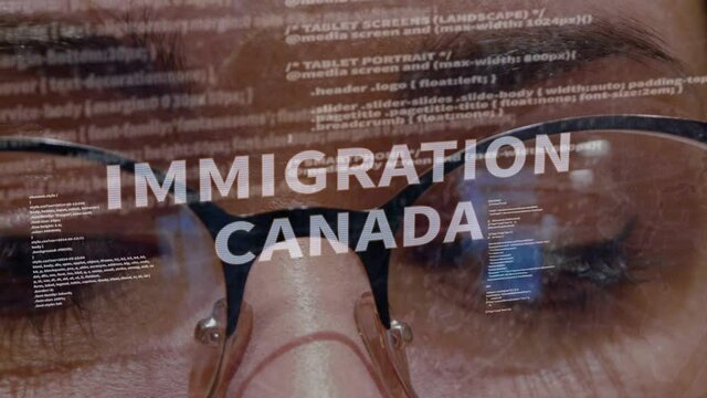 Immigration Canada text on the background of female software developer. Eyes of woman with glasses are looking at programming code space abstract technologies connecting global data network