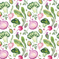 Seamless watercolor pattern consisting of broccoli, onion, radish, parsley and beet leaves on a white background. Organic food background. Kitchen textiles.