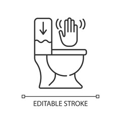 Touchless toilet flush linear icon. Advanced flushing systems that do not require contact. Thin line customizable illustration. Contour symbol. Vector isolated outline drawing. Editable stroke
