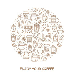 Round shape coffee pattern with line style icons. Coffee shop or cafe background, flyer, label, banner. Cafe menu.	
