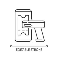 Ticket scanner linear icon. Scan unique barcodes on printed tickets to validate its barcode. Thin line customizable illustration. Contour symbol. Vector isolated outline drawing. Editable stroke