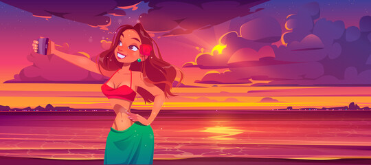 Girl take selfie on phone camera on ship deck