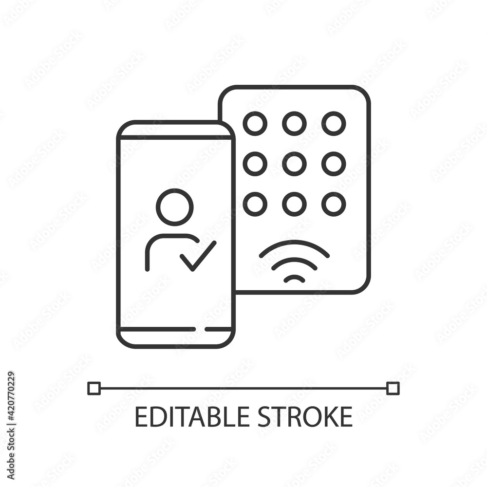 Poster detecting mobile credentials linear icon. authenticate smartphone and use it to access the office. t