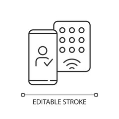 Detecting mobile credentials linear icon. Authenticate smartphone and use it to access the office. Thin line customizable illustration. Contour symbol. Vector isolated outline drawing. Editable stroke