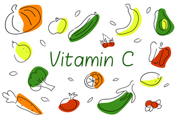 Hand drawn set of fruits and vegetables witn vitamin C. Vector illustration with text for magazines, infographics, banners, shop ads, etc