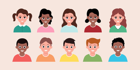 Set of children cartoon. collection of smiling faces of boys and girls.Vector illustration.
