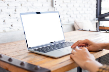 computer screen blank mockup.hand woman work using laptop with white background for advertising,contact business search information on desk at coffee shop.marketing and creative design