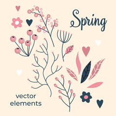 set of spring elements with branches and leaves