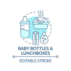 Baby bottles and lunchboxes concept icon. Top environmental challenges idea thin line illustration. Kid food. Vector isolated outline RGB color drawing. Editable stroke