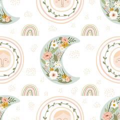 Children's seamless pattern with spring rainbow, moon, sun, bird and flower in pastel colors. Cute texture for kids room design, Wallpaper, textiles, wrapping paper, apparel. Vector illustration
